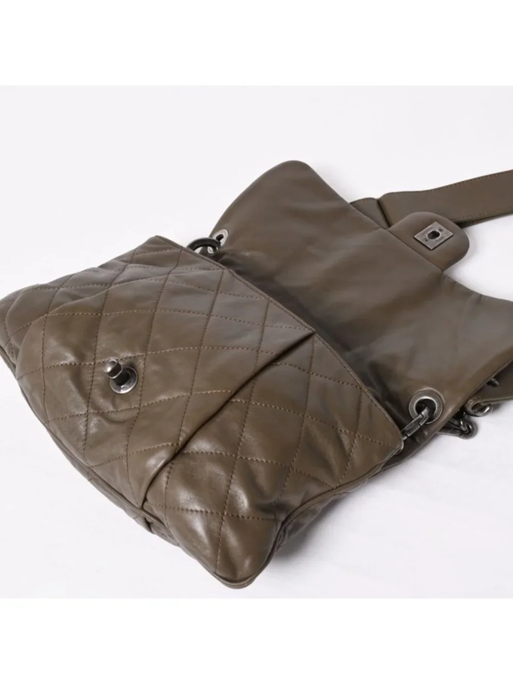 Chanel 2-Way Bag CC Logo Lambskin Quilted Olive Antique Silver